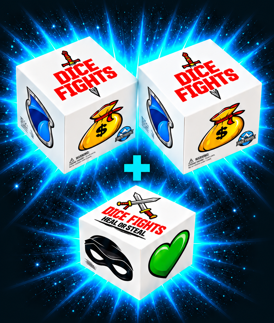 Two Dice Fights base games plus one Heal or Steal expansion with blue glowing artwork